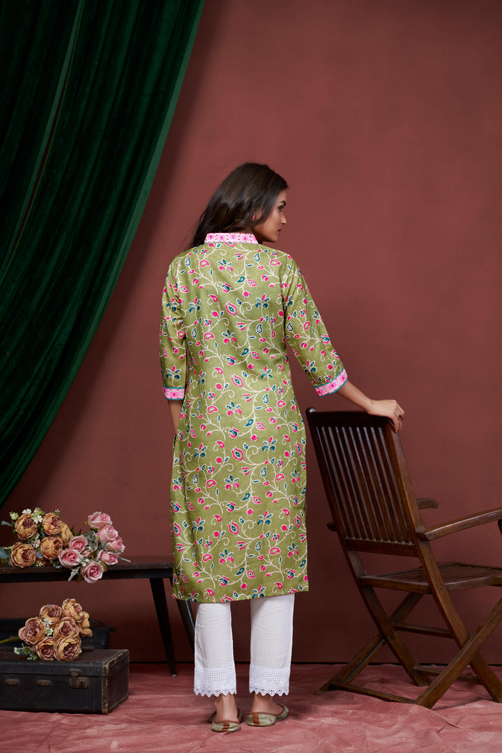 Green Color Cotton Lilen With Print And Embroidery Work Kurti