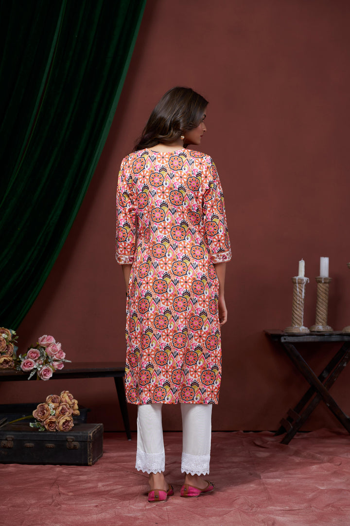 Peach Color Cotton Lilen With Print And Embroidery Work Kurti