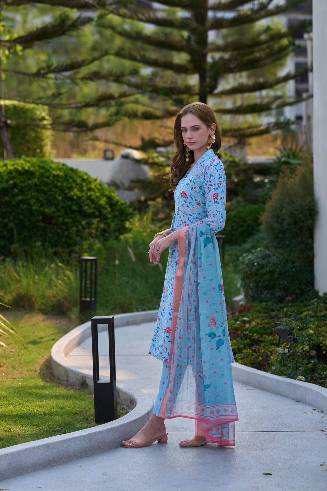 Sky Blue Color Tissue with floral print and embroidery Kurti with Pant And Dupatta Sets
