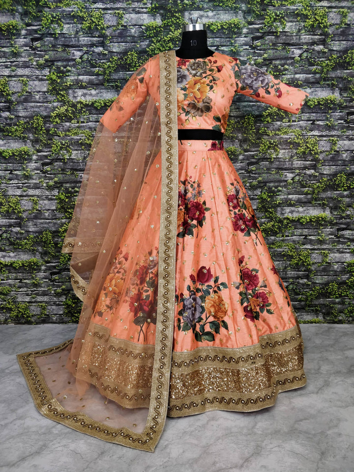 Peach Color Art Silk Sequins Embroidered Border and Pearl work Lehenga Choli