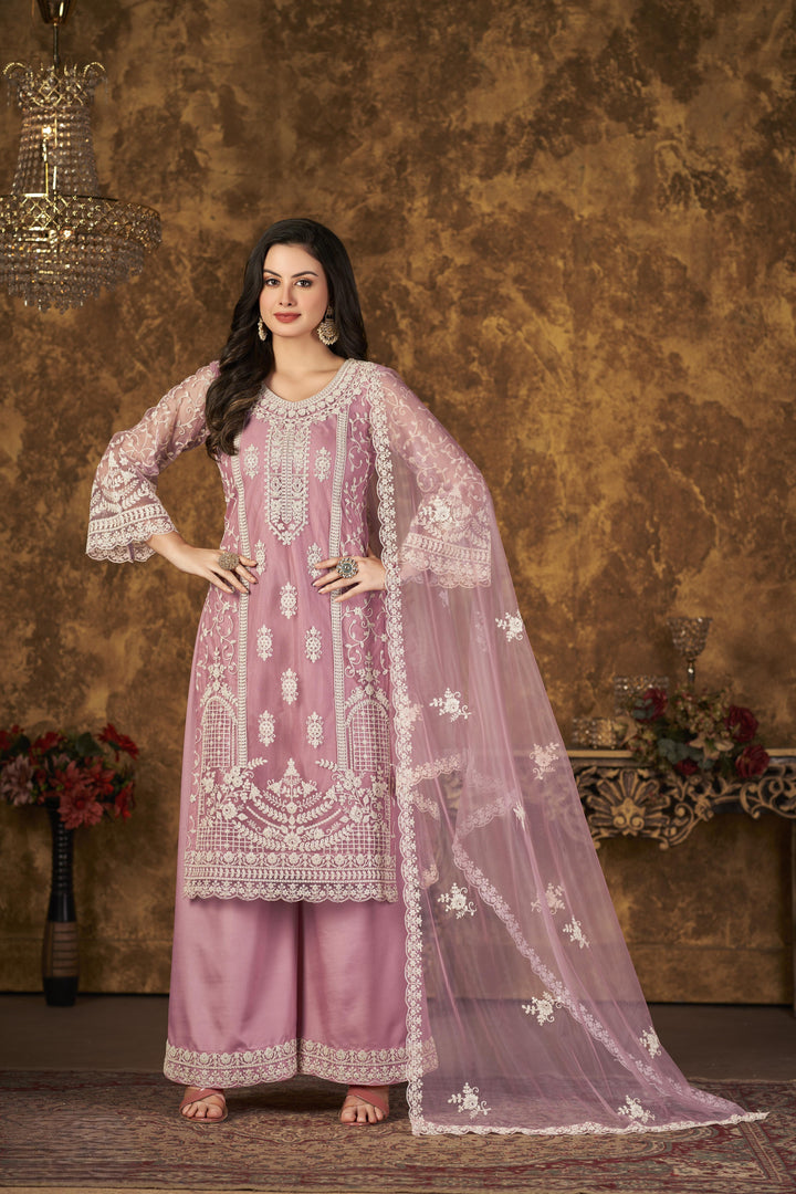 Pink Color Net Santool With Embroidery Work Kurti, Sharara And Dupatta