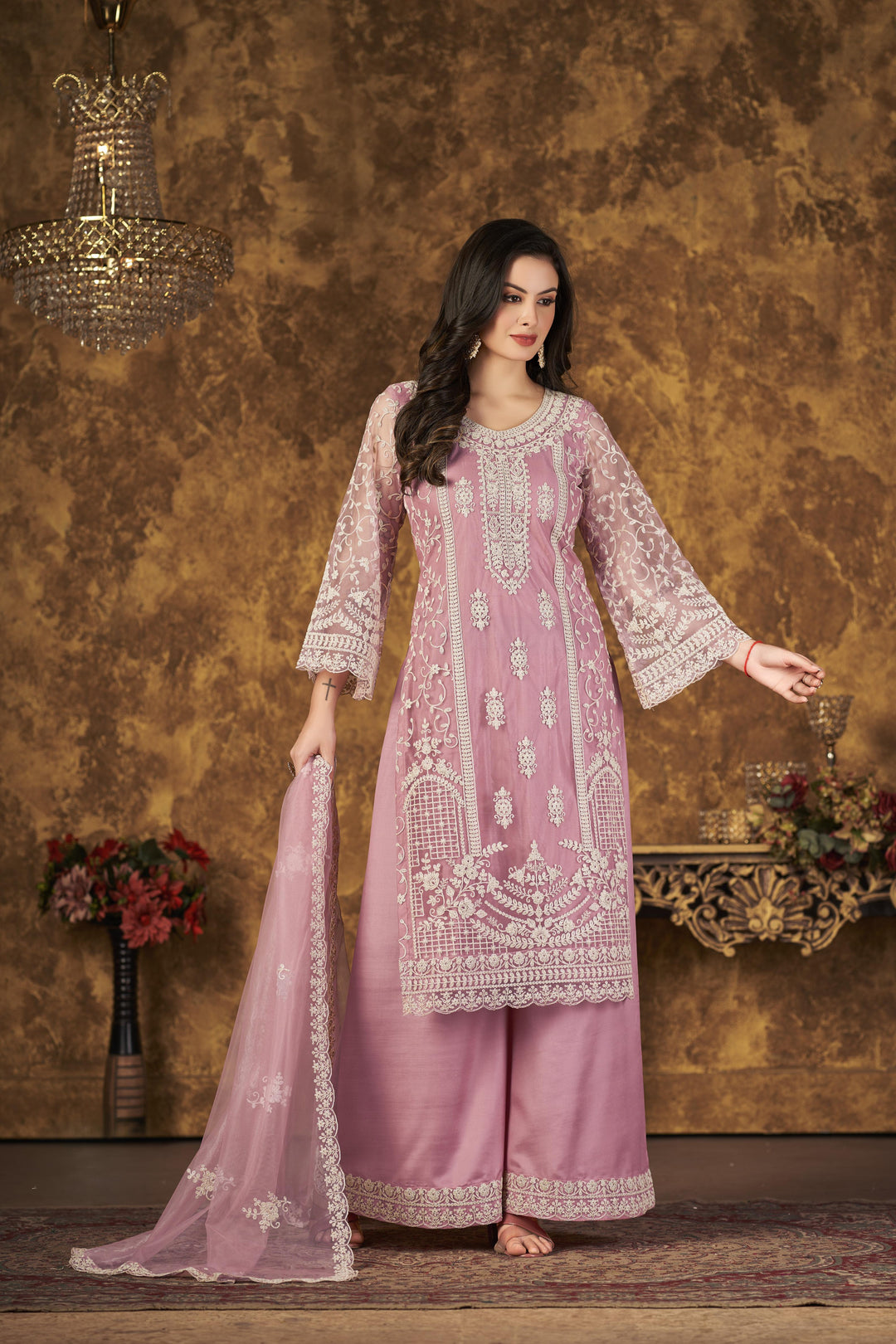 Pink Color Net Santool With Embroidery Work Kurti, Sharara And Dupatta