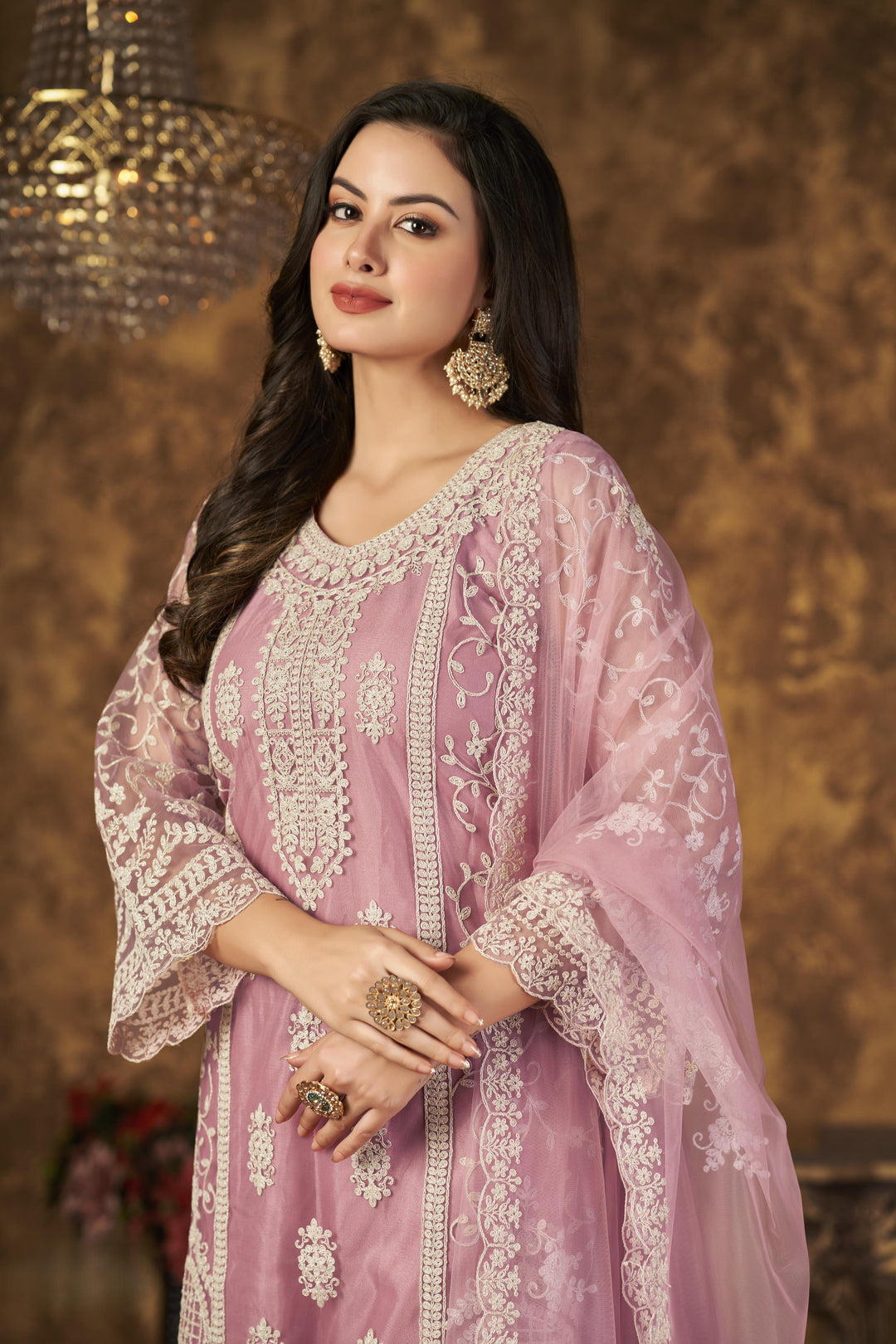 Pink Color Net Santool With Embroidery Work Kurti, Sharara And Dupatta