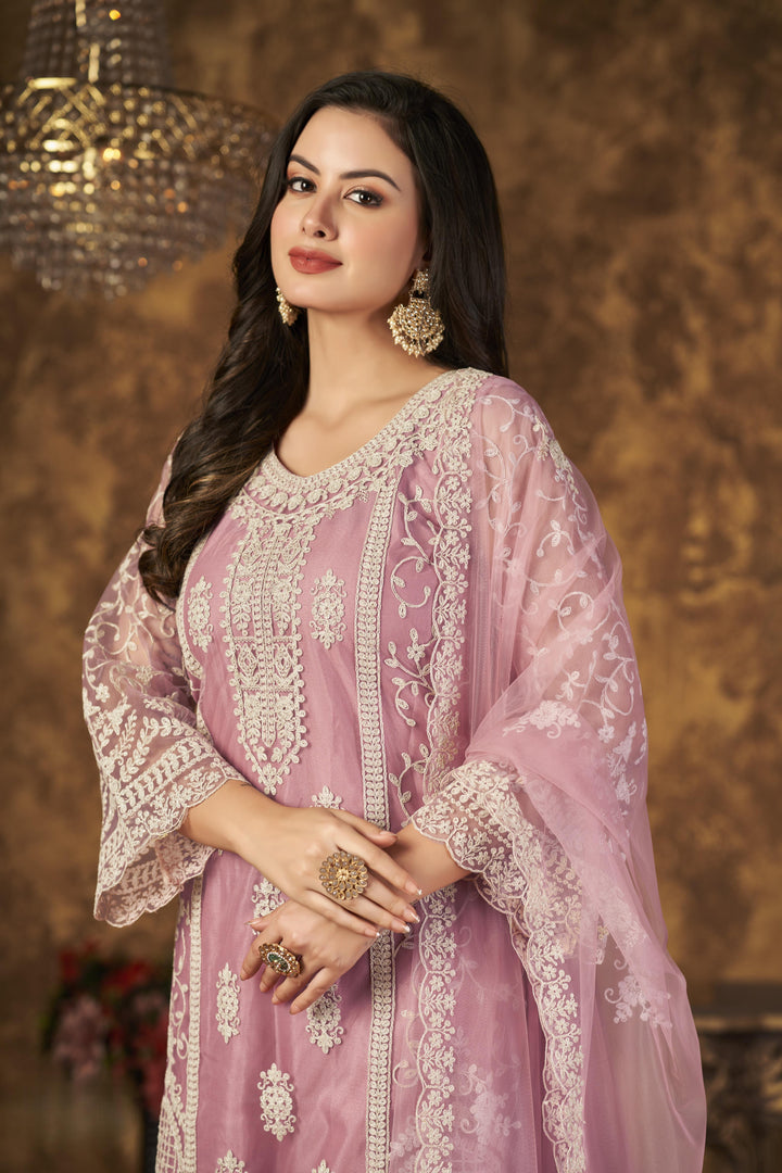 Pink Color Net Santool With Embroidery Work Kurti, Sharara And Dupatta