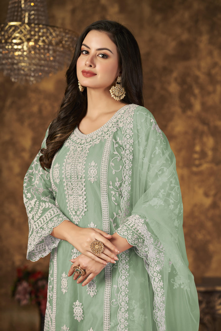 Green Color Net Santool With Embroidery Work Kurti, Sharara And Dupatta