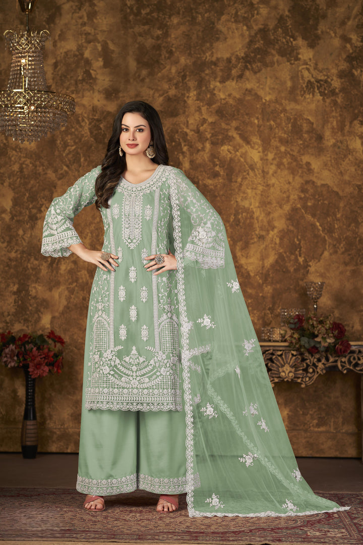 Green Color Net Santool With Embroidery Work Kurti, Sharara And Dupatta