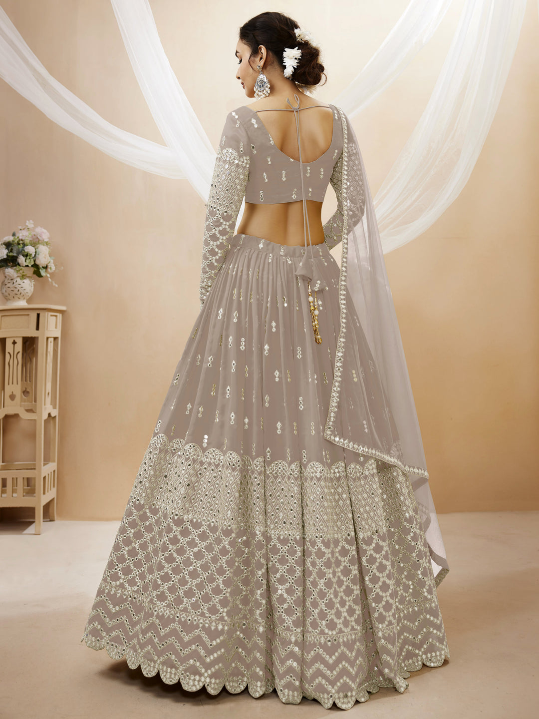 Gray color Georgette Sequins Zari Embroidered Work Lehenga Choli