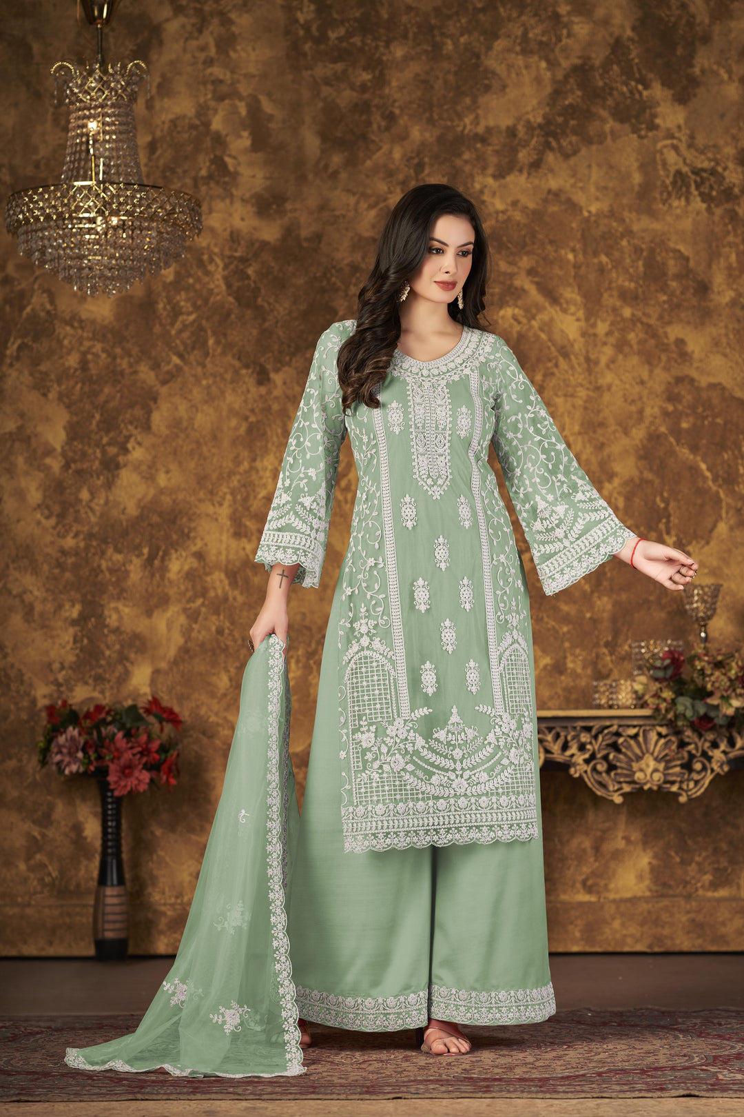 Green Color Net Santool With Embroidery Work Kurti, Sharara And Dupatta