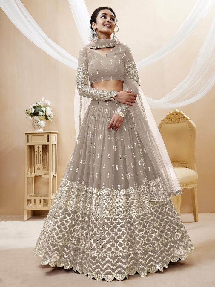 Gray color Georgette Sequins Zari Embroidered Work Lehenga Choli