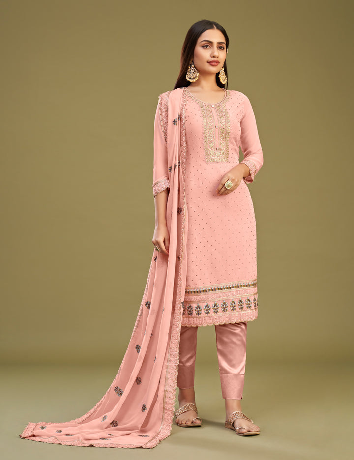 Pink Color Georgette With Crafted With Multi Thread Embroidery With Swarovski Work Suit
