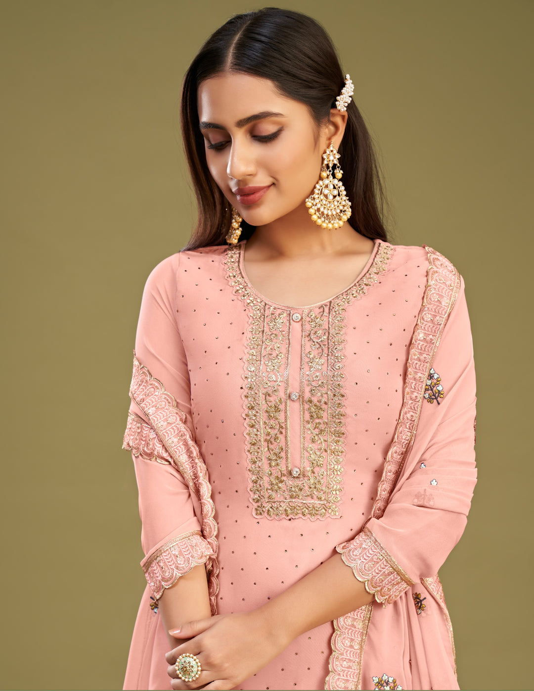 Pink Color Georgette With Crafted With Multi Thread Embroidery With Swarovski Work Suit