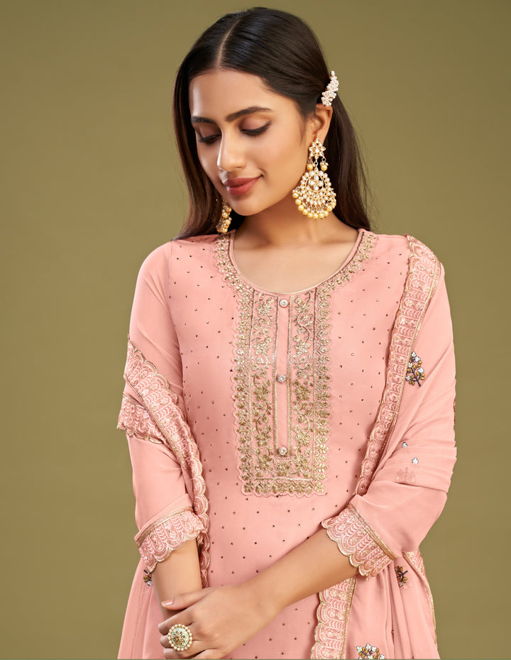Pink Color Georgette With Crafted With Multi Thread Embroidery With Swarovski Work Suit