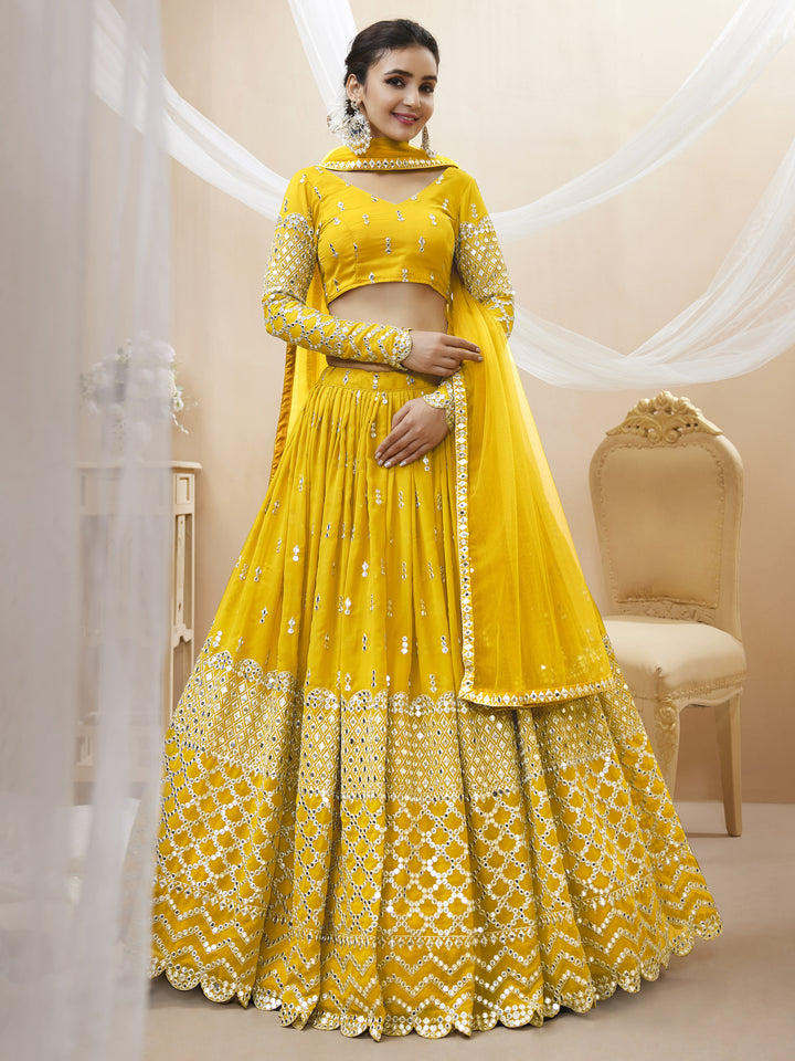 Yellow color Georgette Sequins Zari Embroidered Work Lehenga Choli