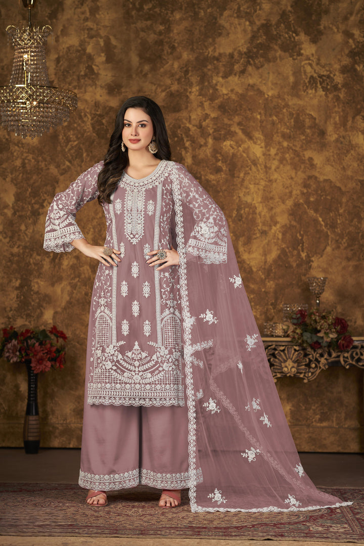 Dusky Orchid Color Net Santool With Embroidery Work Kurti, Sharara And Dupatta