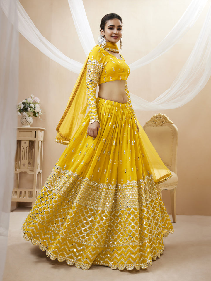 Yellow color Georgette Sequins Zari Embroidered Work Lehenga Choli