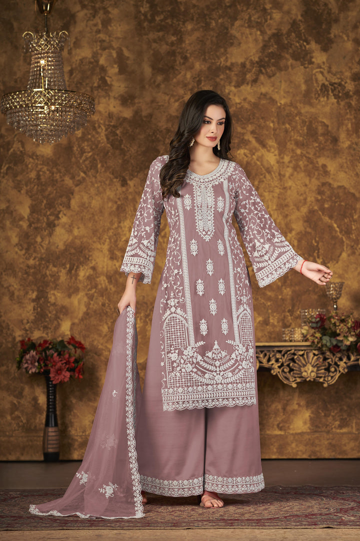 Dusky Orchid Color Net Santool With Embroidery Work Kurti, Sharara And Dupatta