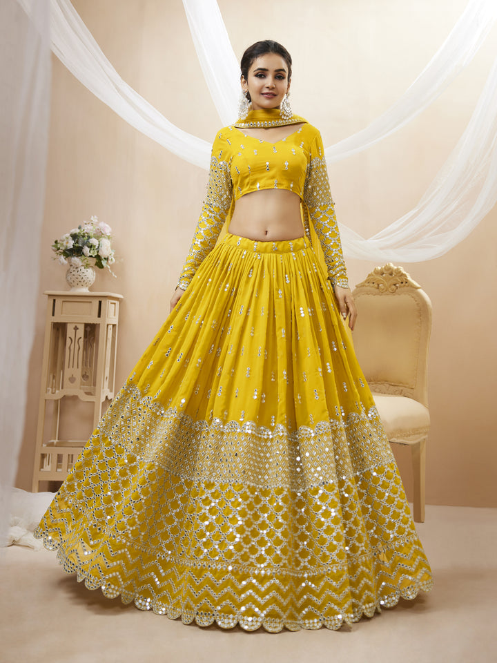 Yellow color Georgette Sequins Zari Embroidered Work Lehenga Choli