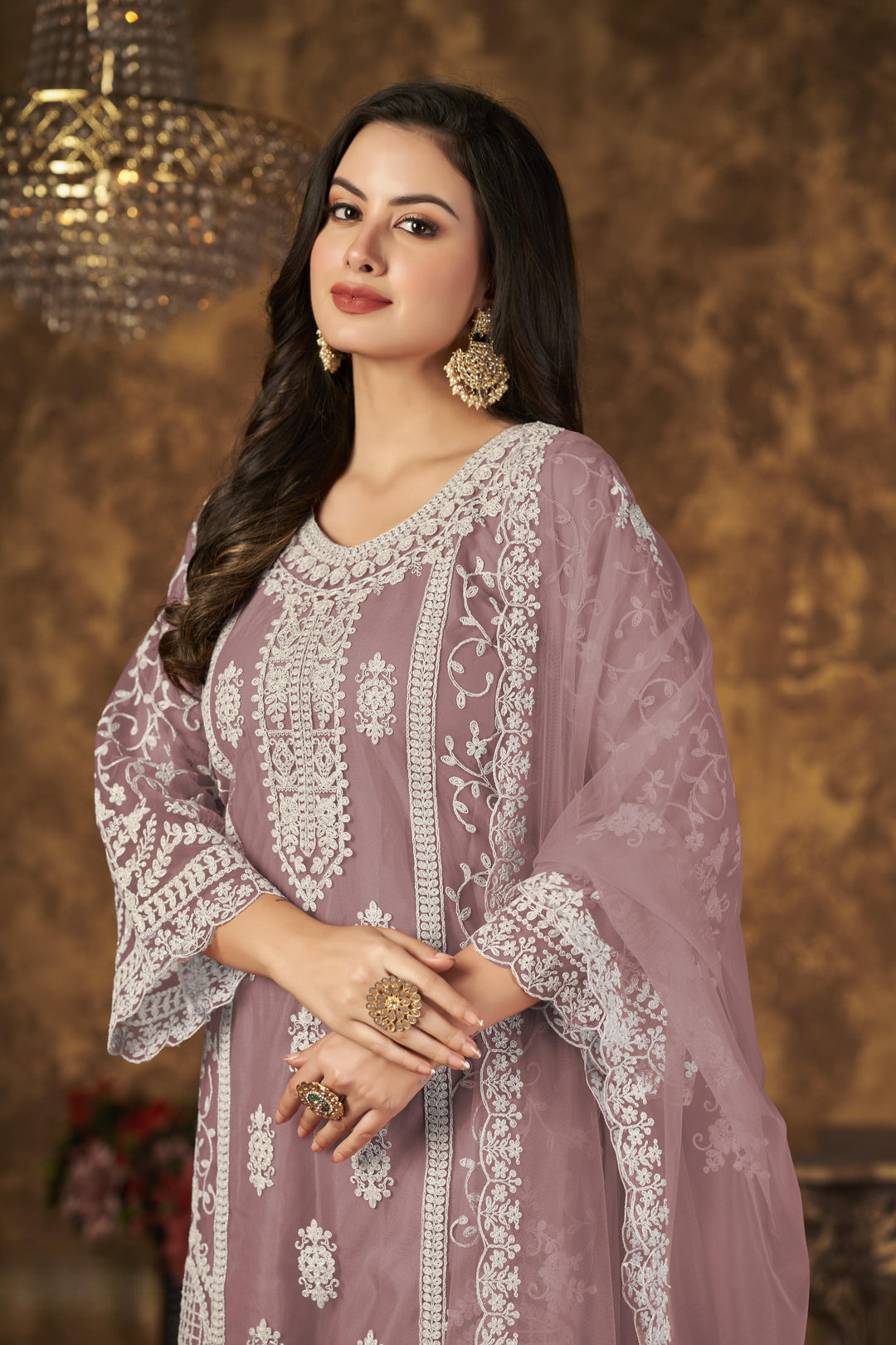 Dusky Orchid Color Net Santool With Embroidery Work Kurti, Sharara And Dupatta