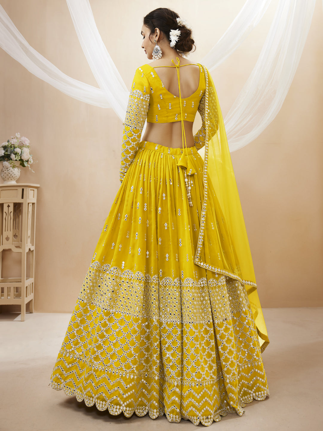 Yellow color Georgette Sequins Zari Embroidered Work Lehenga Choli