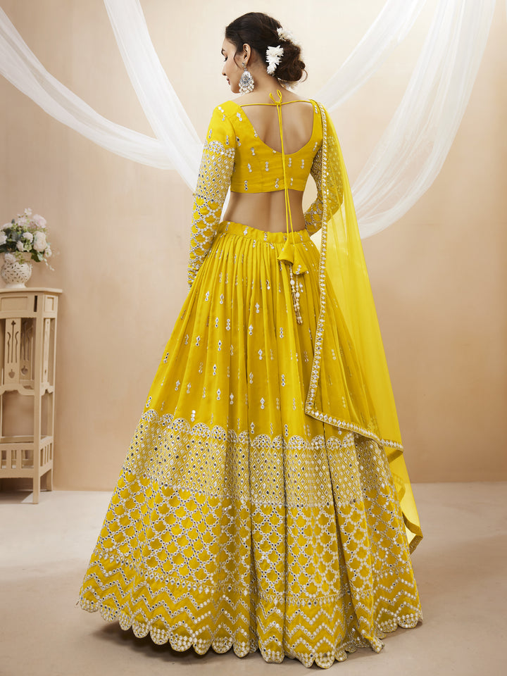Yellow color Georgette Sequins Zari Embroidered Work Lehenga Choli