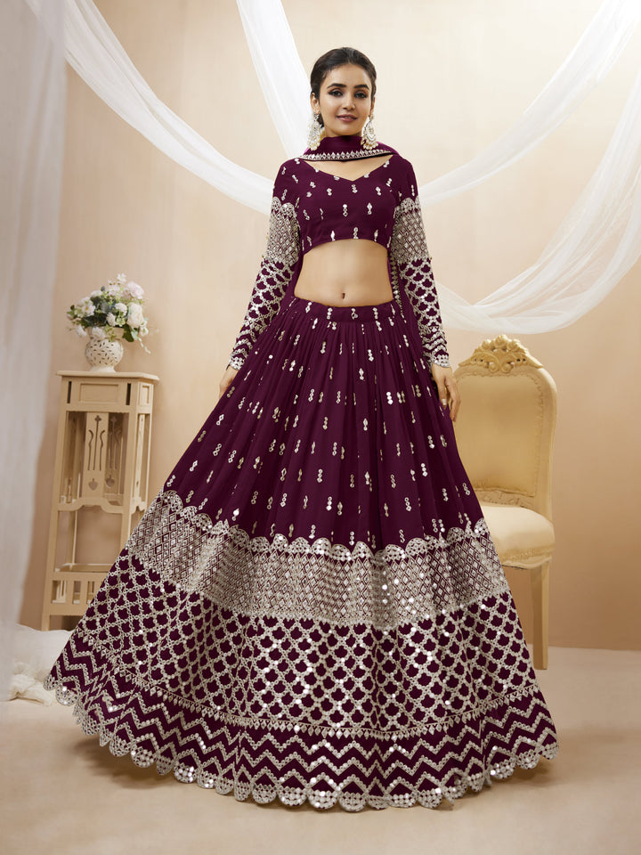 Wine color Georgette Sequins Zari Embroidered Work Lehenga Choli
