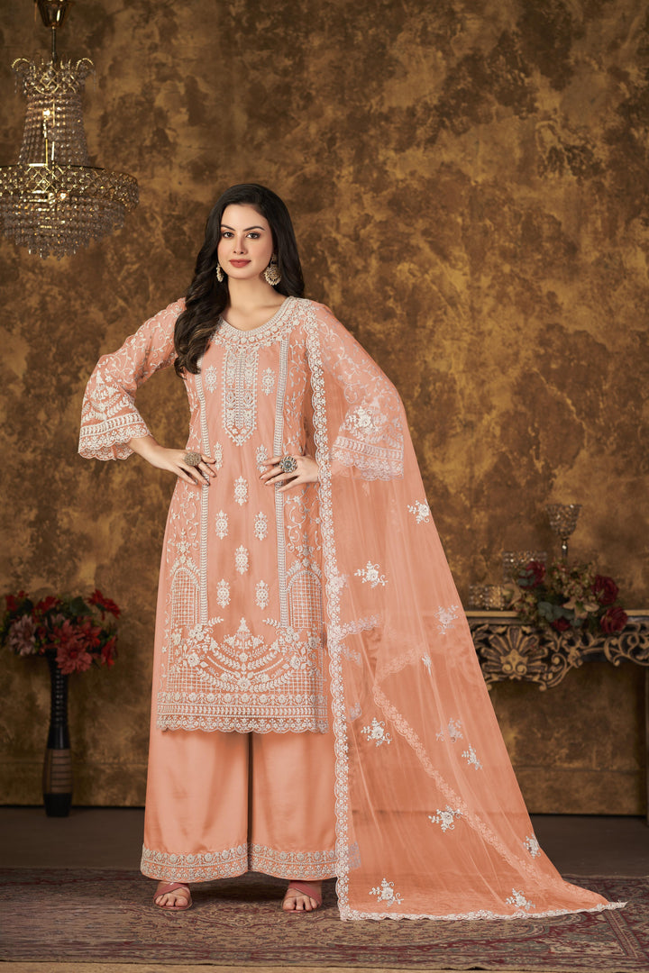Peach Color Net Santool With Embroidery Work Kurti, Sharara And Dupatta
