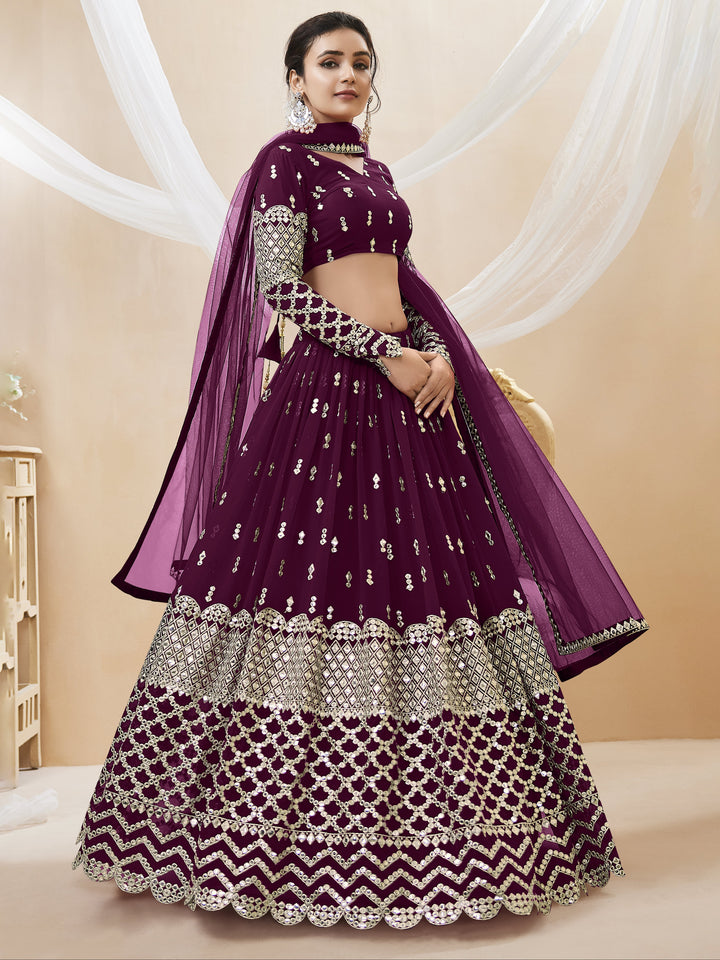 Wine color Georgette Sequins Zari Embroidered Work Lehenga Choli
