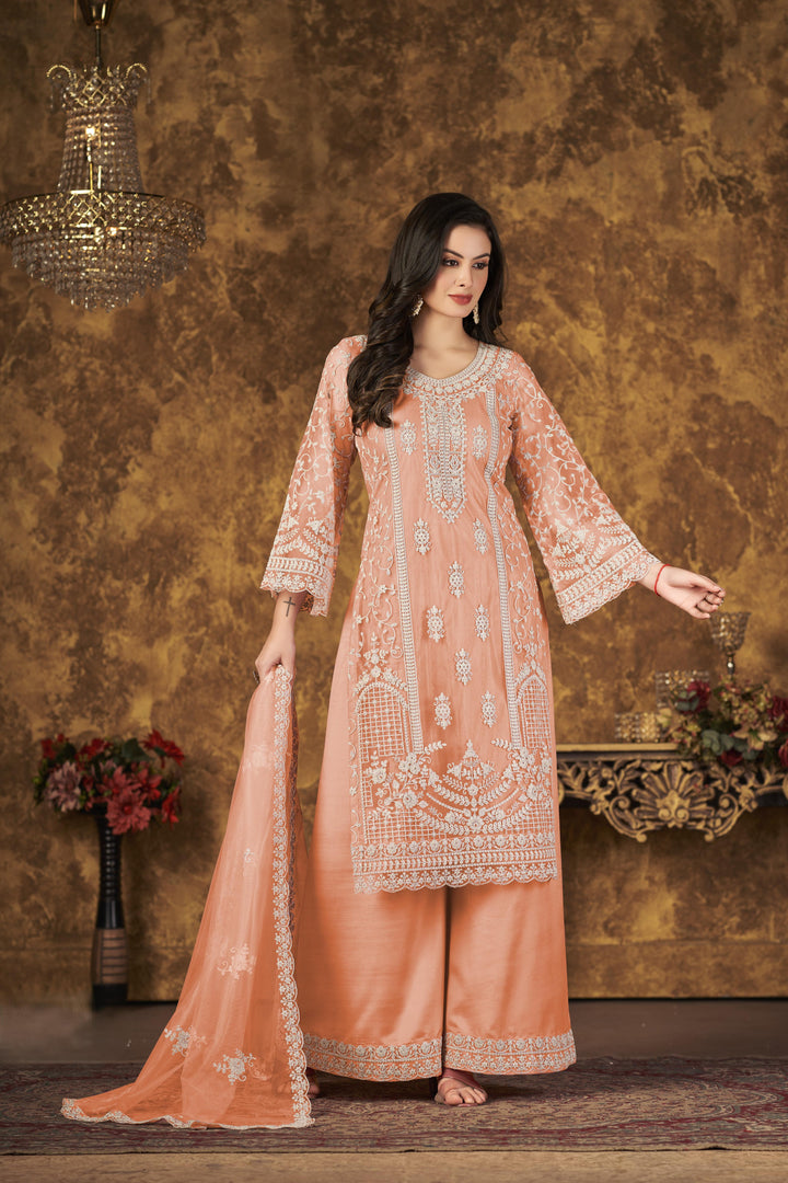 Peach Color Net Santool With Embroidery Work Kurti, Sharara And Dupatta