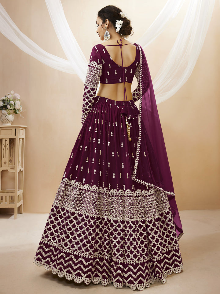 Wine color Georgette Sequins Zari Embroidered Work Lehenga Choli
