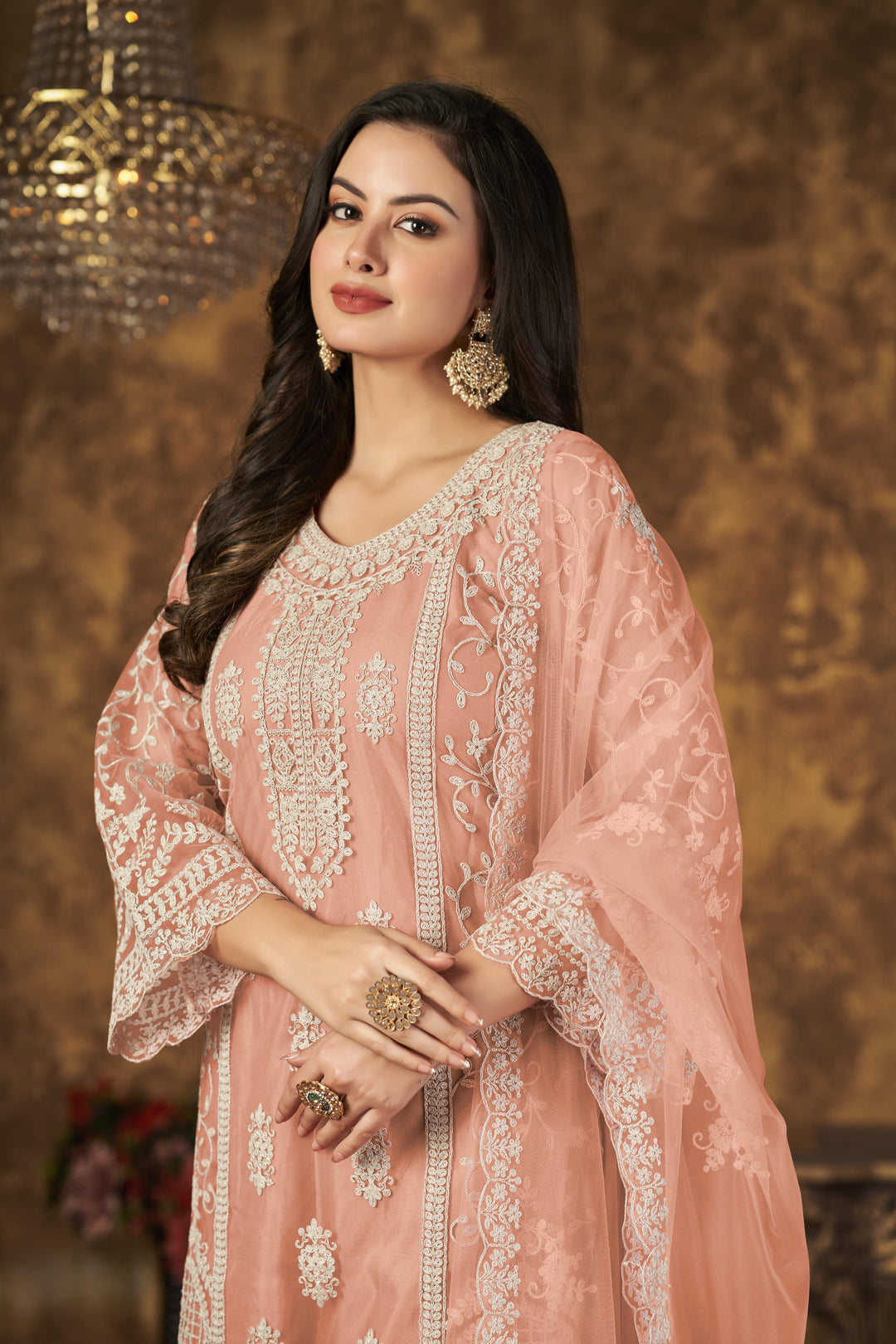 Peach Color Net Santool With Embroidery Work Kurti, Sharara And Dupatta