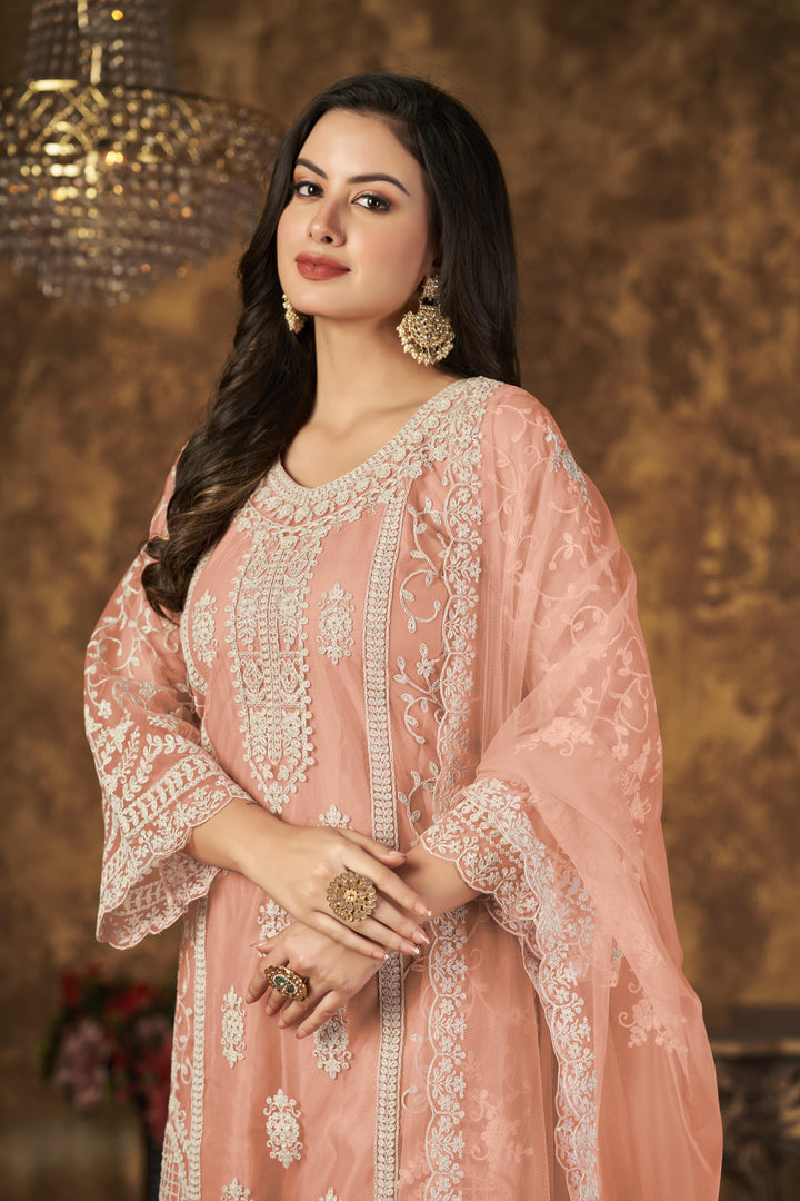 Peach Color Net Santool With Embroidery Work Kurti, Sharara And Dupatta