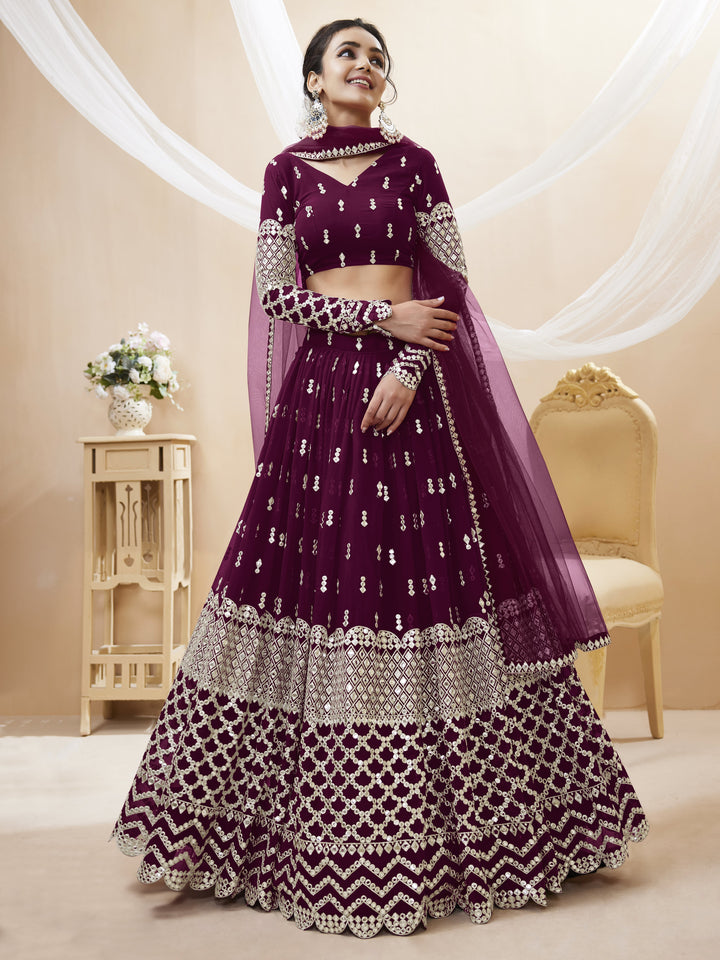 Wine color Georgette Sequins Zari Embroidered Work Lehenga Choli