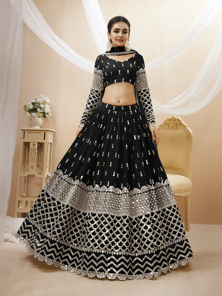 Black color Georgette Sequins Zari Embroidered Work Lehenga Choli