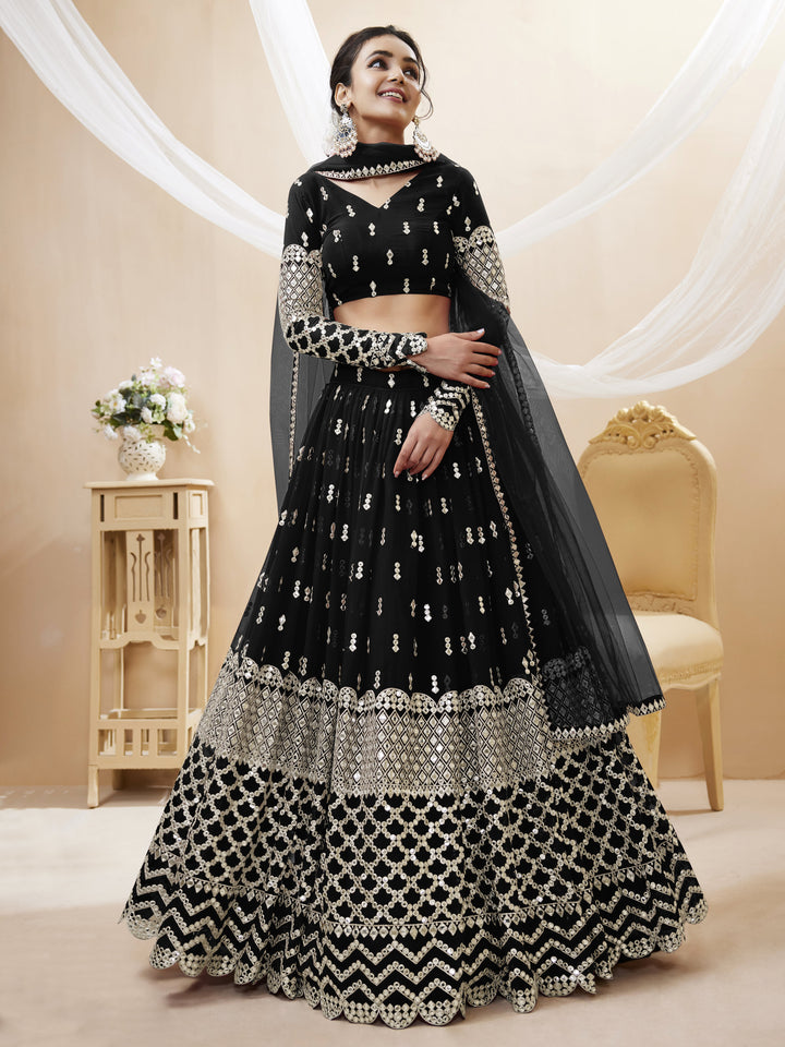 Black color Georgette Sequins Zari Embroidered Work Lehenga Choli