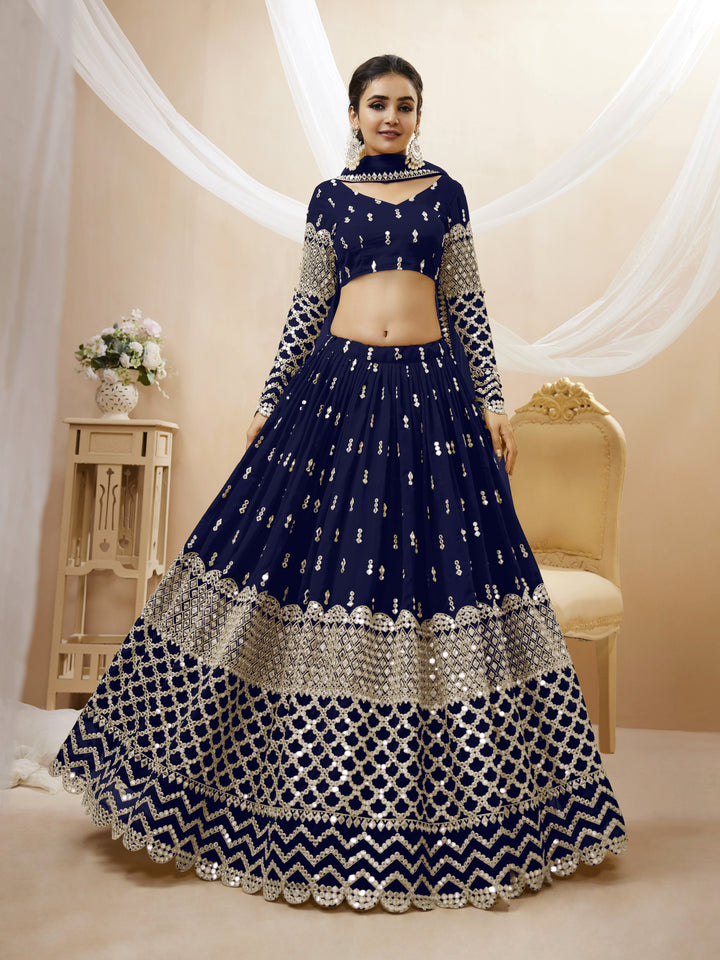 Navy Blue color Georgette Sequins Zari Embroidered Work Lehenga Choli