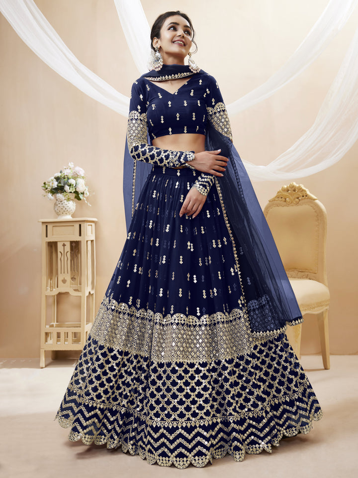 Navy Blue color Georgette Sequins Zari Embroidered Work Lehenga Choli