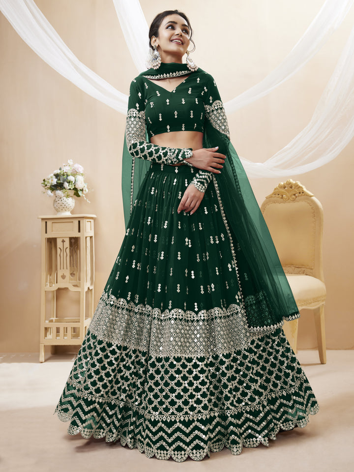 Green color Georgette Sequins Zari Embroidered Work Lehenga Choli