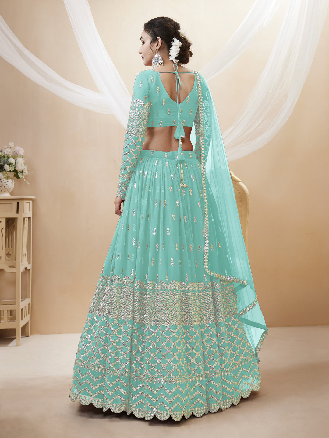 Sky Blue color georgette Sequins Zari Embroidered Work Lehenga Choli