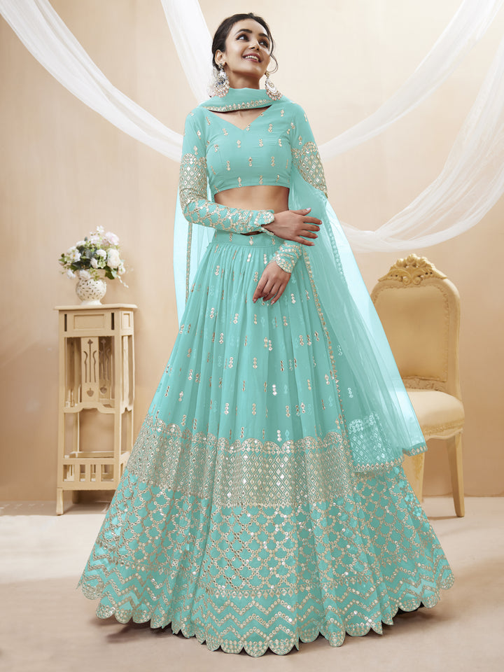 Sky Blue color georgette Sequins Zari Embroidered Work Lehenga Choli