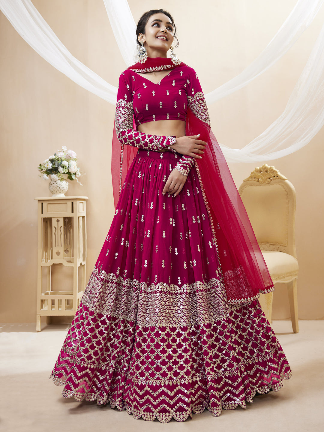 Hot Pink color Georgette Sequins Zari Embroidered Work Lehenga Choli