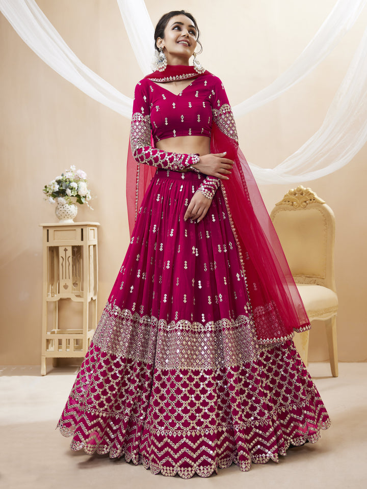 Hot Pink color Georgette Sequins Zari Embroidered Work Lehenga Choli