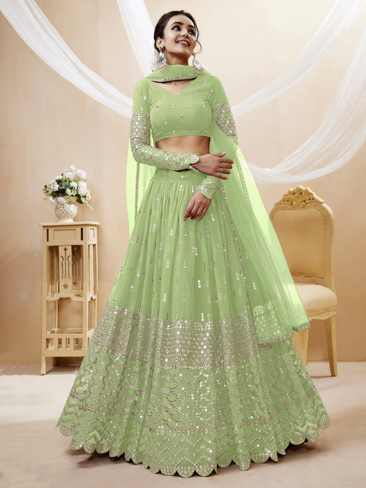 Pista color Georgette Sequins Zari Embroidered Work Lehenga Choli
