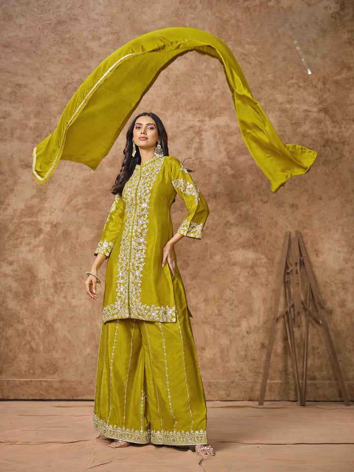 Mehendi Color Chinnon With Embroidery And Sequins Work Top And Plazo