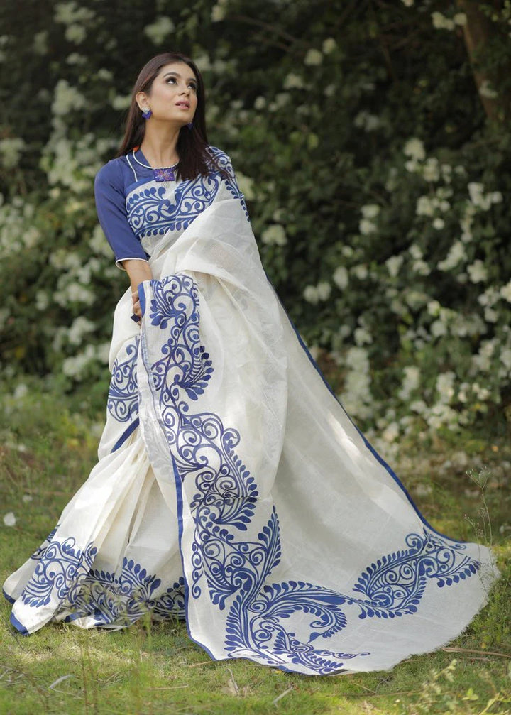 White and Blue color Cotton Linen Saree With Unstitched Blouse