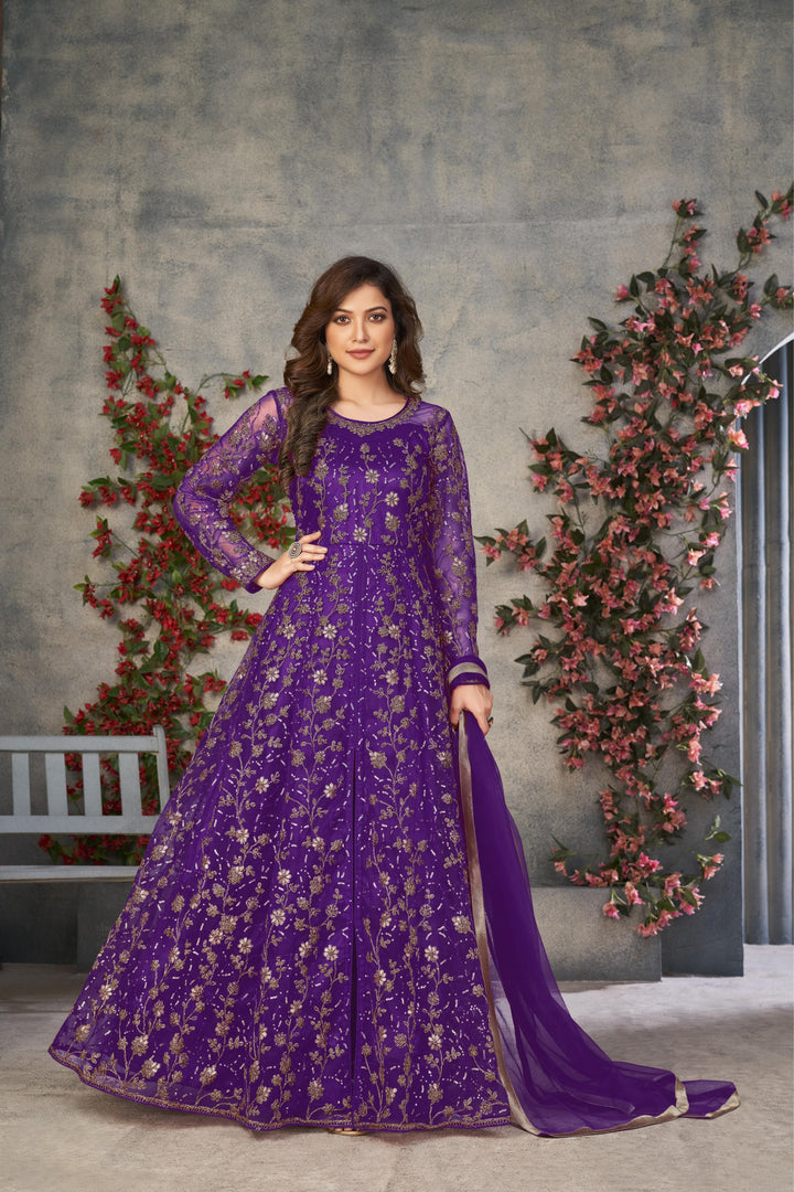 Purple Color Net Satin With Embroidery And Sequins Work Front Cut Dress