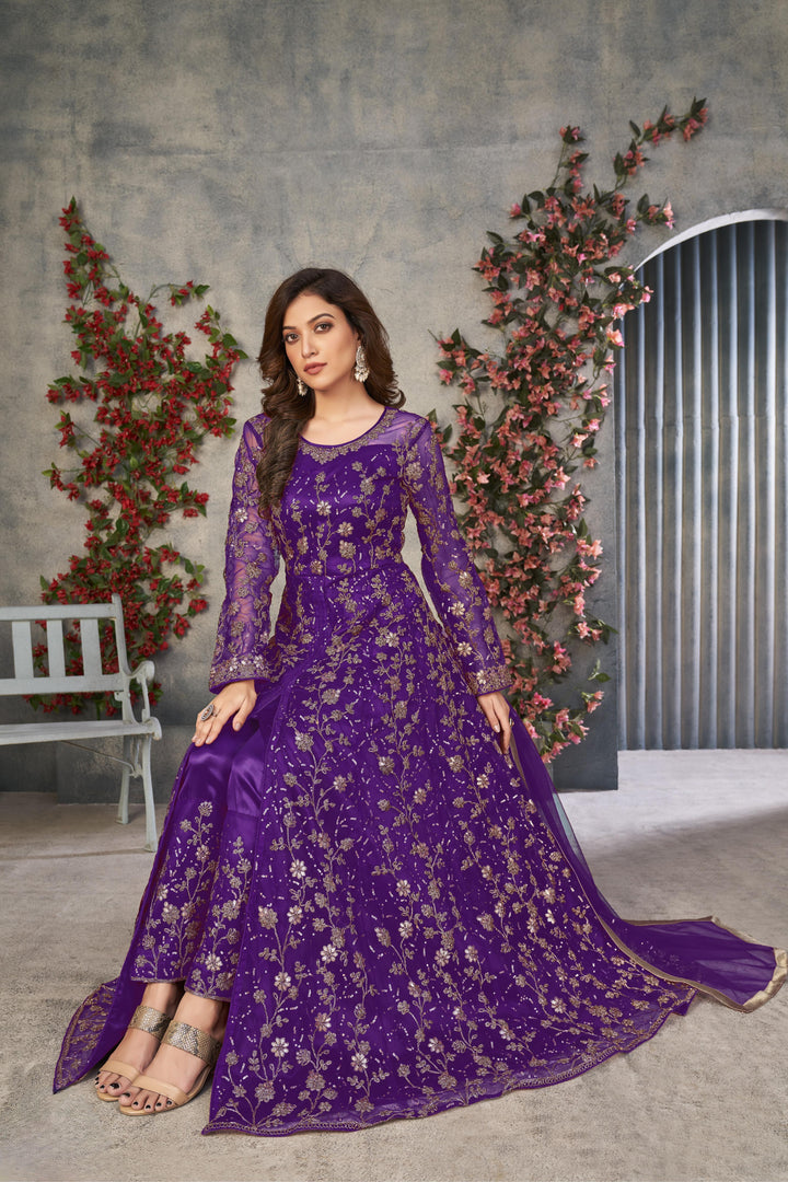 Purple Color Net Satin With Embroidery And Sequins Work Front Cut Dress