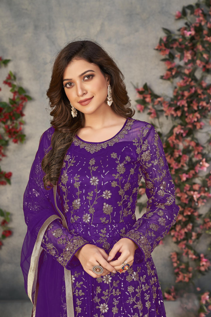Purple Color Net Satin With Embroidery And Sequins Work Front Cut Dress