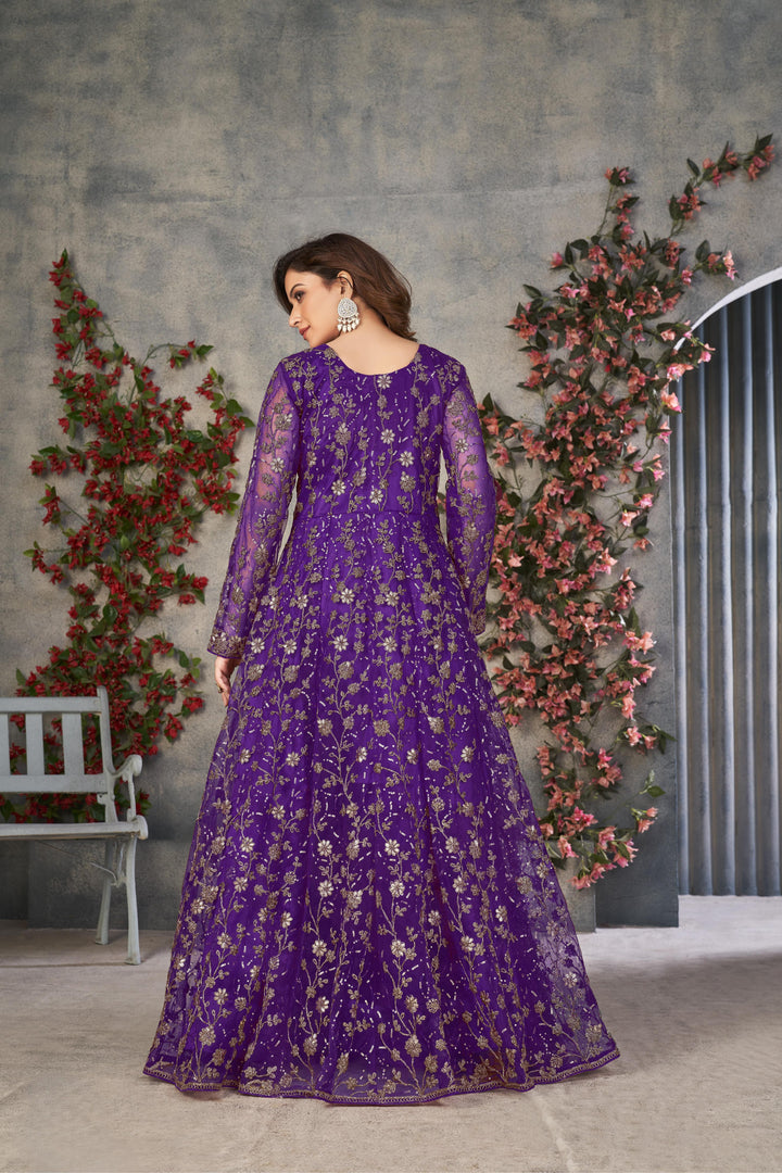 Purple Color Net Satin With Embroidery And Sequins Work Front Cut Dress