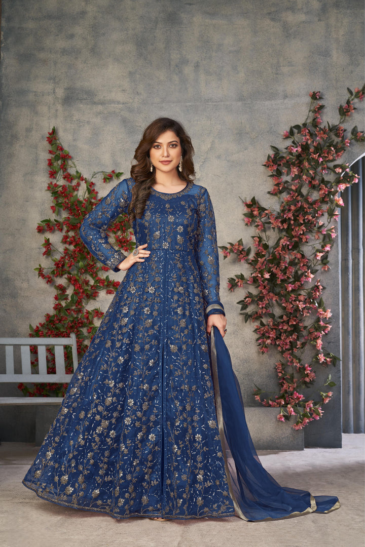 Blue Color Net Satin With Embroidery And Sequins Work Front Cut Dress