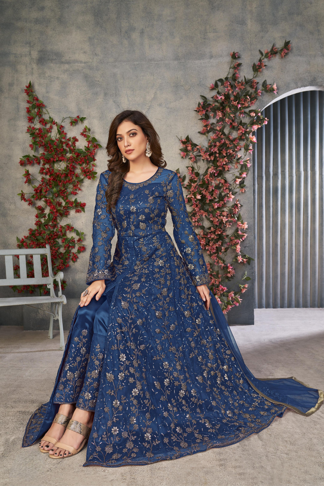 Blue Color Net Satin With Embroidery And Sequins Work Front Cut Dress